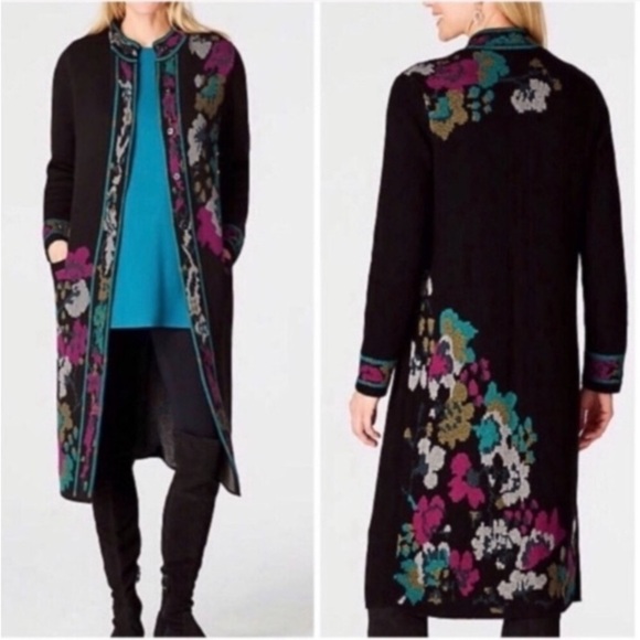 J. Jill Sweaters - J. Jill Trailing Flowers Jacquard Topper Coat Large Lagenlook Floral Duster Fall
